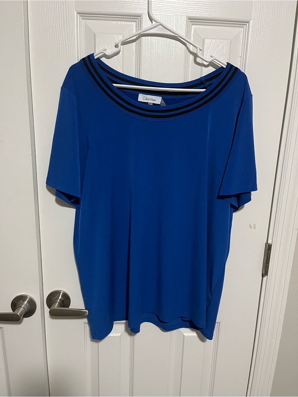 Calvin Klein Cobalt Blue Short Sleeve Boatneck Top with Black Stripes